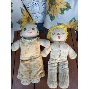 Vintage Knit Cloth Dolls Boy & Girl Pair Yellow Hair Yellow Animal Print Outfit